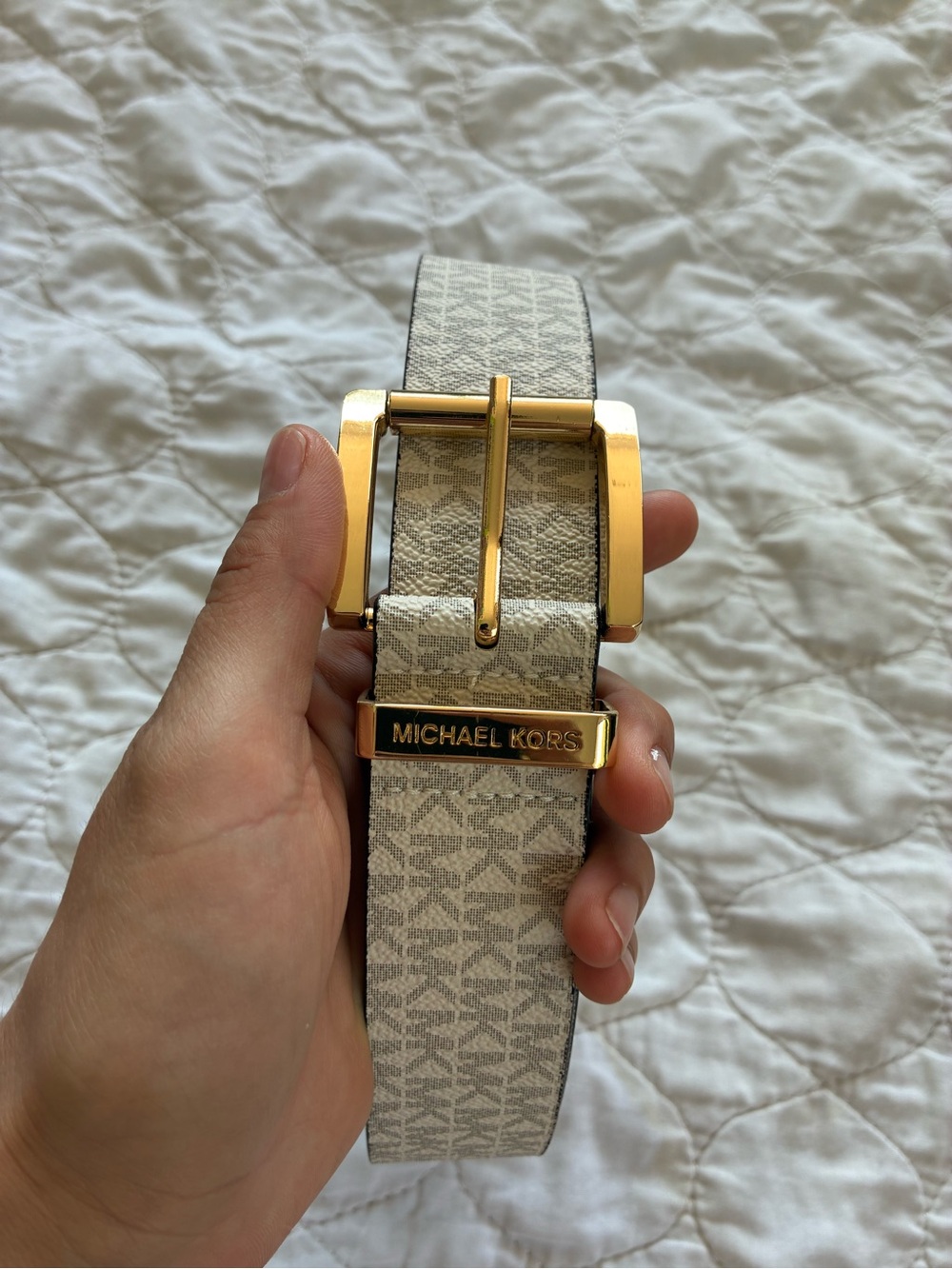 Michael Kors Beige Logo Belt with Gold Buckle